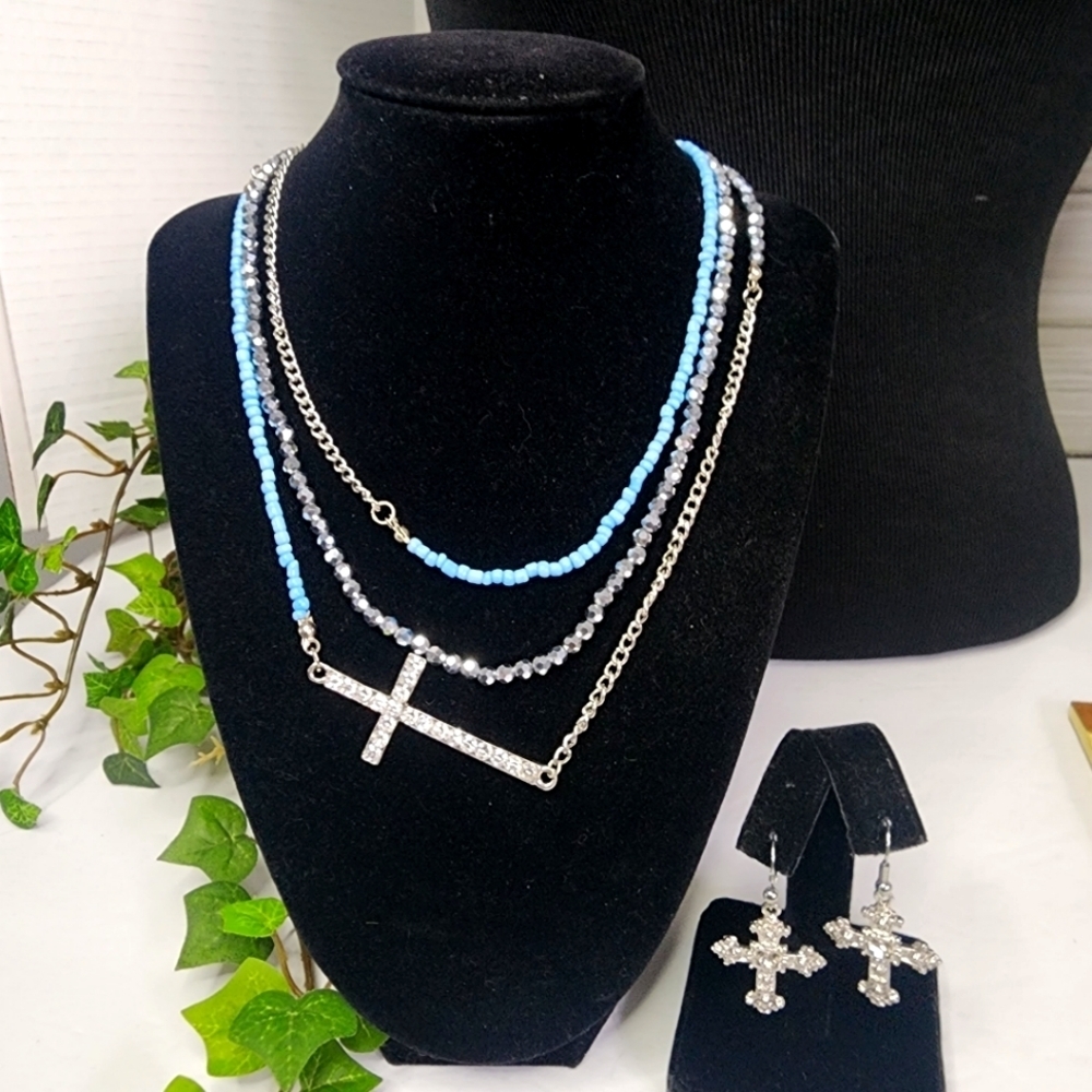 Silver Multi Chain Multi Media Cross Necklace and Earrings Set